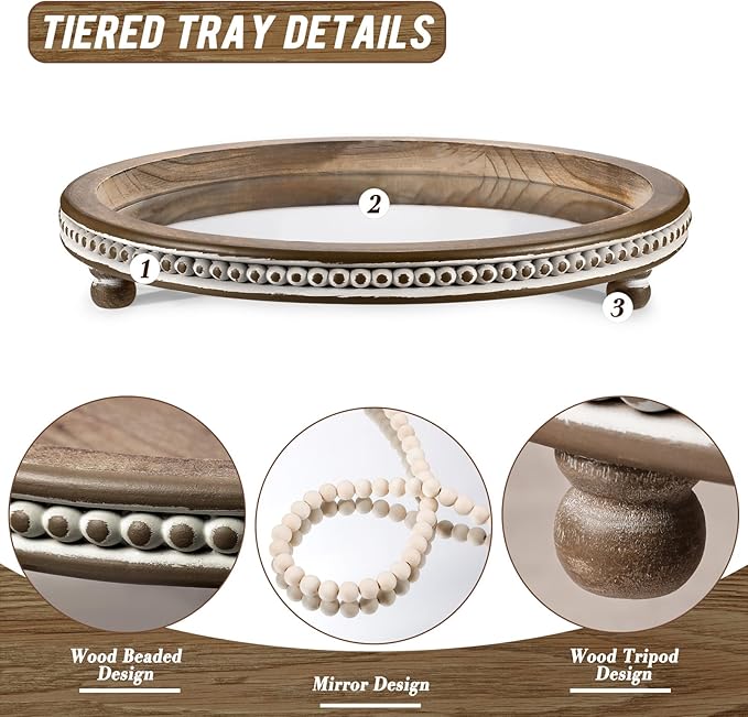 KULEDM Handmade Wooden Serving Tray, Small Beaded Coffee Table Tray Decor, Mirror Round Decorative Tray for Coffee Table, Dining Room Table Entryway and Living Room Table, TR700