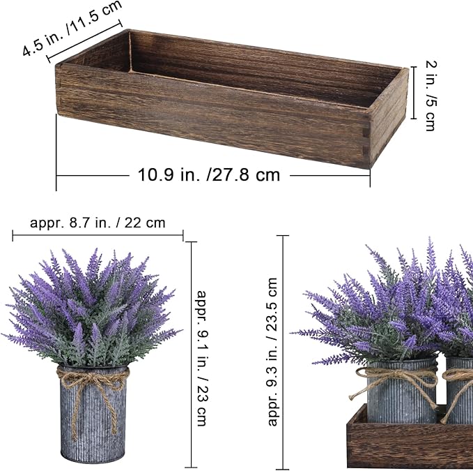Set of 3 Small Potted Plants Arrangement Artificial Lavender Flower Plants in Rustic Galvanized Metal Pots with Decorative Wood Tray for Farmhouse Table Centerpiece Windowsill Country Indoor Decor