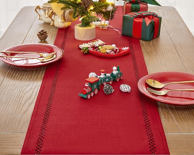Burlap Style Farmhouse Table Runner, 13 x 72 Inch Red, Rustic Geometric Hollow Table Runners 72 Inches Long for Dresser Table Everyday Use, 13x72 Inches, Red