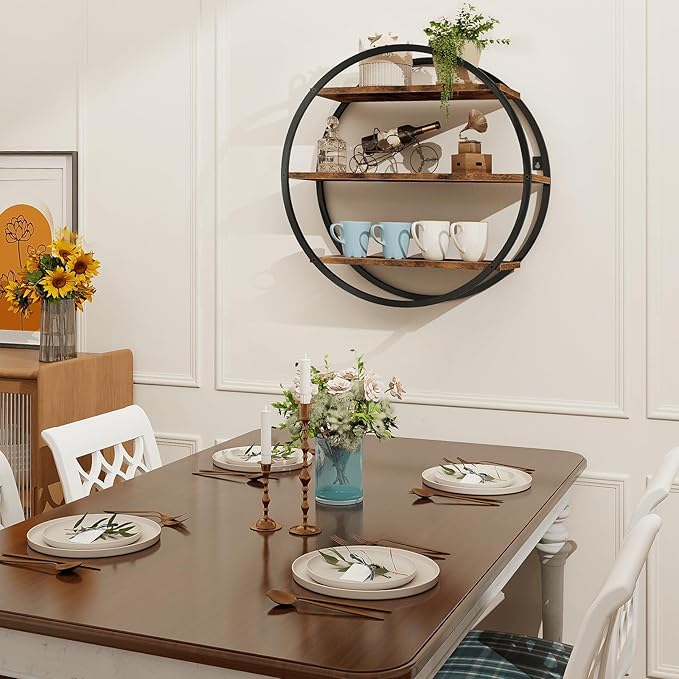Floating Shelves, 3 Tier Decorative Geometric Circle Metal and Wood Wall Shelves, Bathroom Shelf Round Wall Decor, Rustic Brown