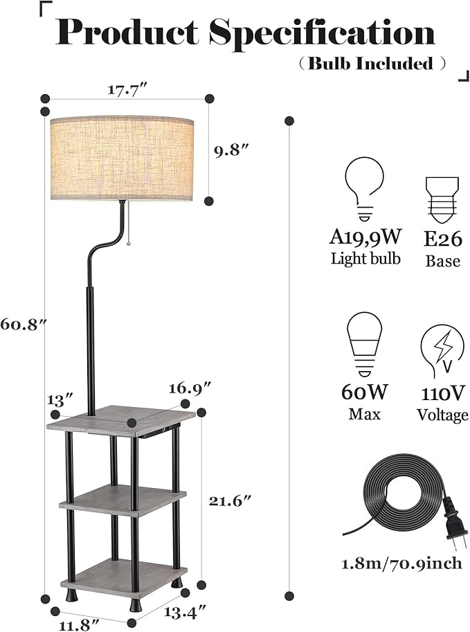 ELYONA Solid Wood End Table Floor Lamp, USB Type C Charging Port & Outlet, Side Table Shelf Reading Standing Light with Drum Shade for Bedroom, Farmhouse, Living Room, Office, LED Bulb Included, Grey