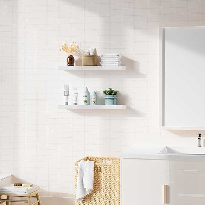 Bellsal Floating Shelves for Wall, White Engineered Wood Wall Shelf Set of 2, 24" Wall Mounted Floating Shelf for Kitchen, Living Room, Bedroom, Bathroom Storage, Book Shelf for Home Decor