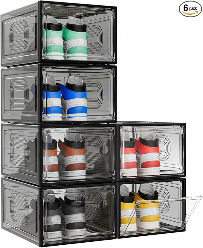 6 Pack Thicken Shoe Organizer Stackable,Upgraded Sturdy Shoe Storage Box with Magnetic Door,Shoe Containers For Sneaker Display,Hat Organizer,Black