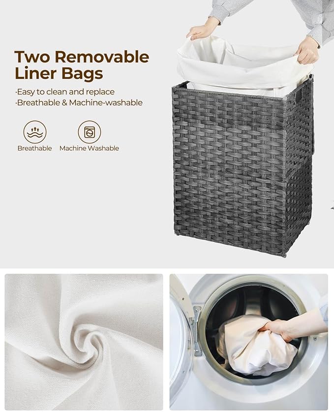 Greenstell Laundry Hamper with Lid, 125L Laundry Basket with 2 Removable Liner Bags & 2 Mesh Bags, Handwoven Synthetic Rattan Clothes Hamper for Clothes, Toys in Bathroom, Bedroom, Foldable, Grey