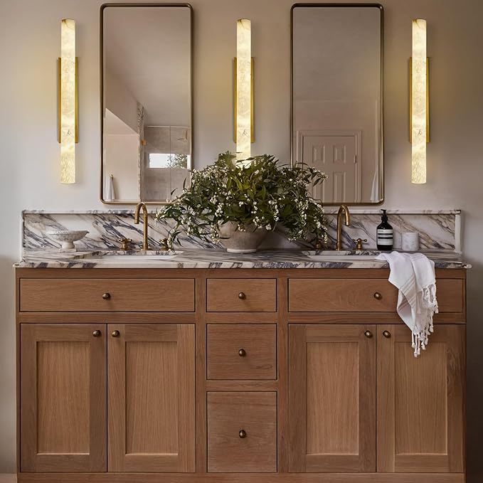 Brass Alabaster Wall Sconces, 36" Large Marble Wall Sconce, Hardwired Gold Wall Sconces Interior, Stone Wall Sconce Dimmable, Alabaster Wall Lamp for Living Room, Bathroom, Bedroom, Hallway-Upgraded