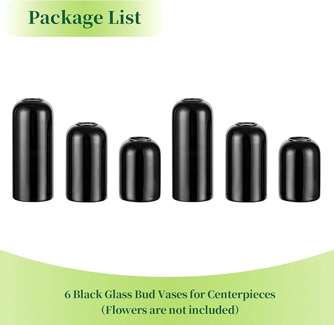 Black Glass Bud Vases for Flowers - Hewory Set of 6 Blown Modern Small Glass Vases for Centerpieces, Mini Bulk Flower Vase for Wedding Party Events Home Decor Floral Arrangements (Not Include Flower)