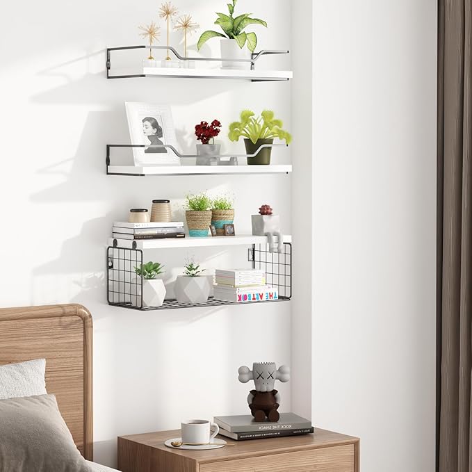 Floating Shelves Wall Mounted,Wood Bathroom Shelf Over Toilet with Paper Storage Basket, Wall Decor Farmhouse Floating Shelf for Bedroom, Living Room, Kitchen,Office (White)