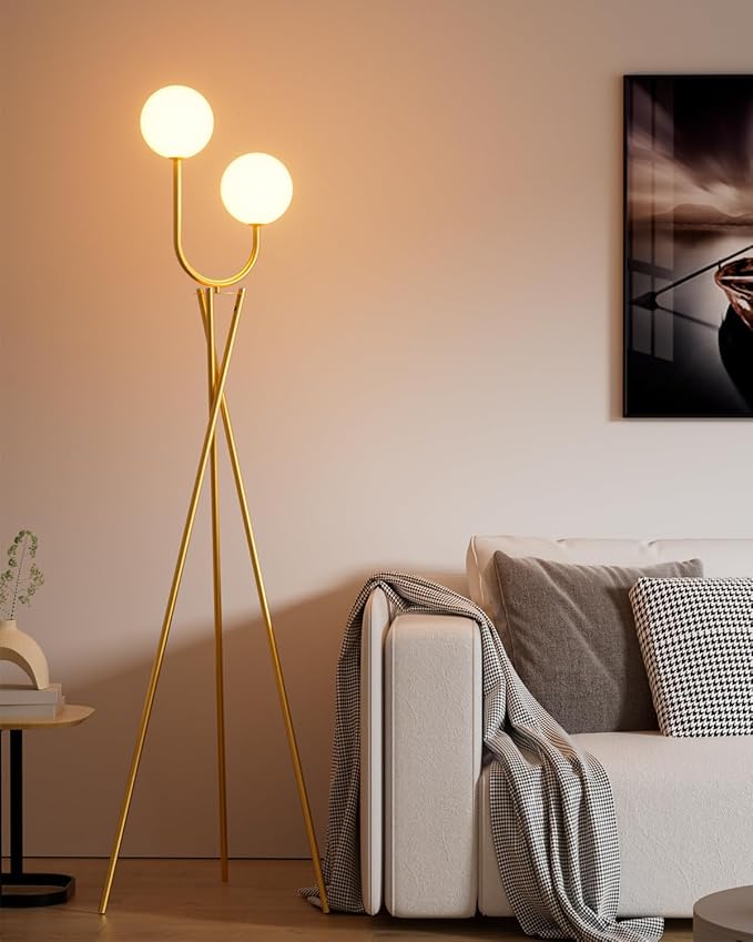 Lightdot Gold Floor Lamp Mid Century Tripod Floor Lamp with U-Stylish 2-Lights with 2Pcs 3000K G9 Bulbs Tripod Standing Lamps with Stable Base for Living Room/Sofa Sides/Corners