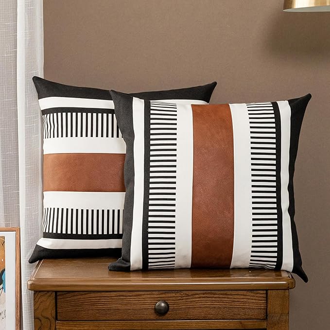 Set of 2 Striped Boho Throw Pillow Covers 16x16 inch, Modern Leather Pillow Cover for Couch Sofa Bed, Farmhouse Decor Patchwork Accent Pillowcase, Black