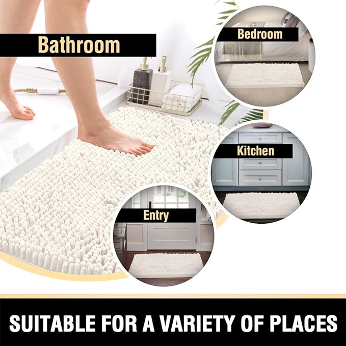 H.VERSAILTEX Bathroom Rugs Bath Mat Bath Rugs Bath Mats for Bathroom Non Slip Extra Thick Buncy Soft Chenille Bath Rug Fulffy Shag, Indoor Rug Carpet for Living Room (Ivory, Extra Large 24" x 36")