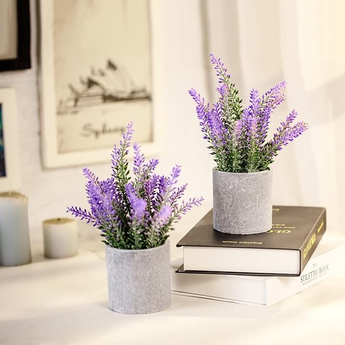CADNLY Artificial Lavender Plant in Pots - Faux Lavender Flowers Decor – Fake Flowers Purple Decor Plant Potted Bathroom Bedroom Kitchen Farmhouse Home 2 Pack