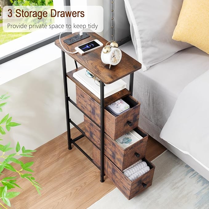 Narrow End Tables Living Room Set of 2 with Charging Station, Skinny Side Table with Fabric Drawers, Slim Nightstand for Bedroom, Small Spaces, Couch, Rustic Brown, HETNDP03PBR