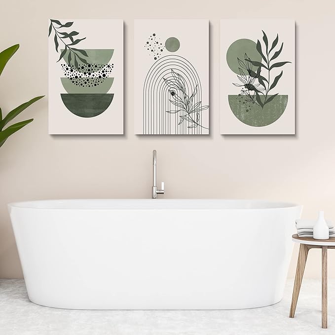Sage Green Wall Posters & Prints, Green Boho Wall Art Set of 3, Minimalist Framed Wall Art Geometric Line Leaf Sun Moon Beige Green Canvas Artwork Paintings