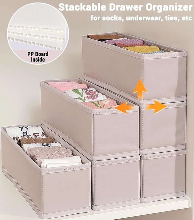 MURRI&MURRDI 6-Pack Mini Foldable Fabric Drawer Organizers for Clothes, Gray - Storage Bins for Socks, Underwear, Bras, Accessories - Fits Nursery, Closet, Dresser (6 Gray)