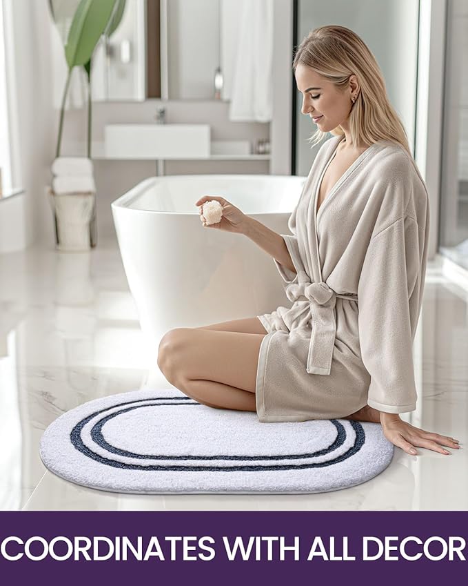 DEXI Oval Bath Mats for Bathroom, 24x43 Absorbent Bath Mat, Washable Microfiber Bathroom Rug with Non Slip Backing for Shower Floor, Navy
