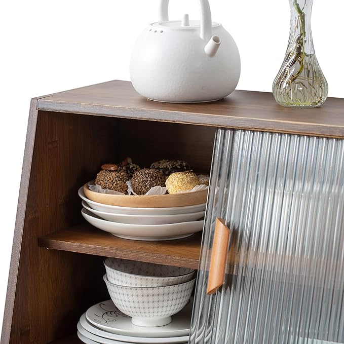 HollyHOME Small Bamboo Kitchen Pantry Sideboard with 2 Sliding Striped Glass Doors, Freestanding Countertop Storage Cabinet for Bottles, Dish, Bowl, Console Dining Cupboard, Walnut