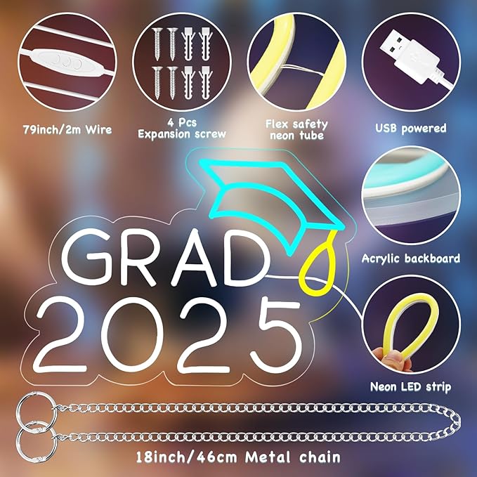 Congrats Grad Neon Sign with Cap, Graduation Decoration Class Of 2025, Congratulations LED Light Up Sign for Backdrop, Dimmable USB Powered with Switch, Graduation Season Party Backdrop Decor Gifts