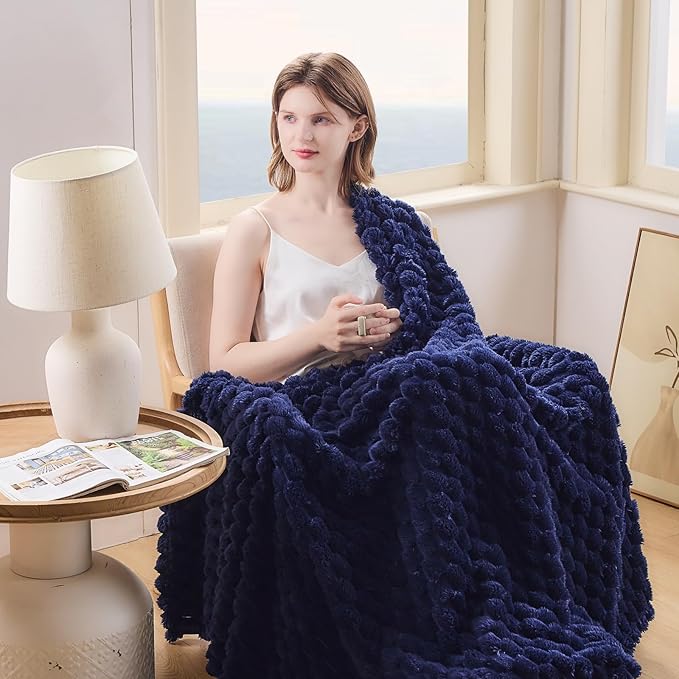 NEWCOSPLAY Super Soft Throw Blanket Dark Navy Premium Silky Flannel Fleece 3D Clouds Stylish Jacquard Lightweight Bed Blanket All Season Use 350GSM (Dark Navy, Throw(50"x60"))