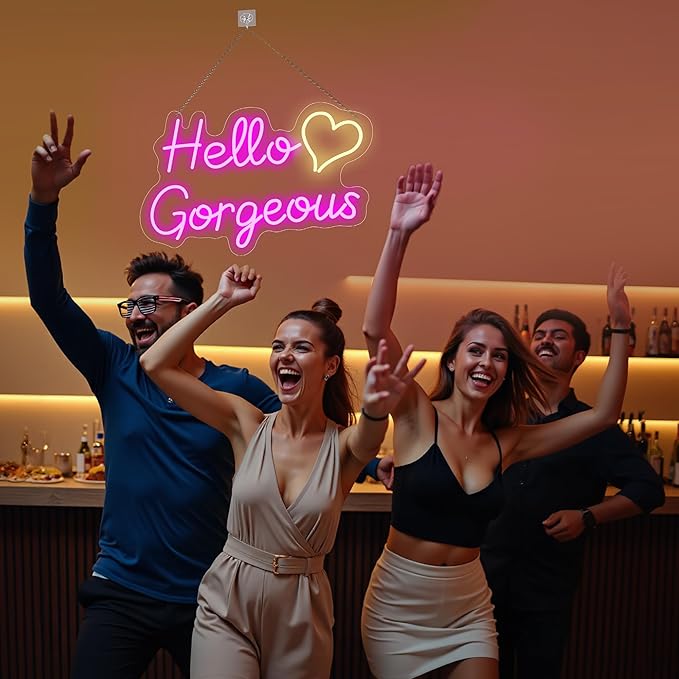 Hello Gorgeous Neon Signs for Wall Decor, for Sign with Dimmable Switch - for Girls Bedroom, Makeup Room Decor Home Wedding Birthday Backdrop (Pink,16in)