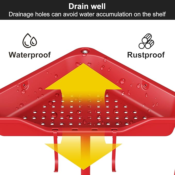 Orimade Rustproof 3 Tier Floor Standing Corner Shower Caddy Organizer, Plastic Metal Splicing Floor Corner Shelf Rack Stands for Bathroom, Red