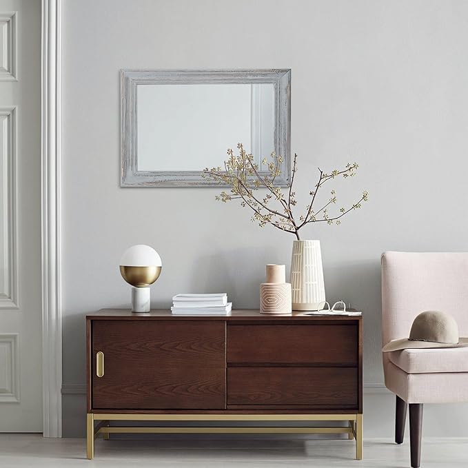 Rectangle Wooden Mirror with Framed Retro Hanging Mirrors Large 20"x16" for Bathroom Bedroom Living Room Home Entryway