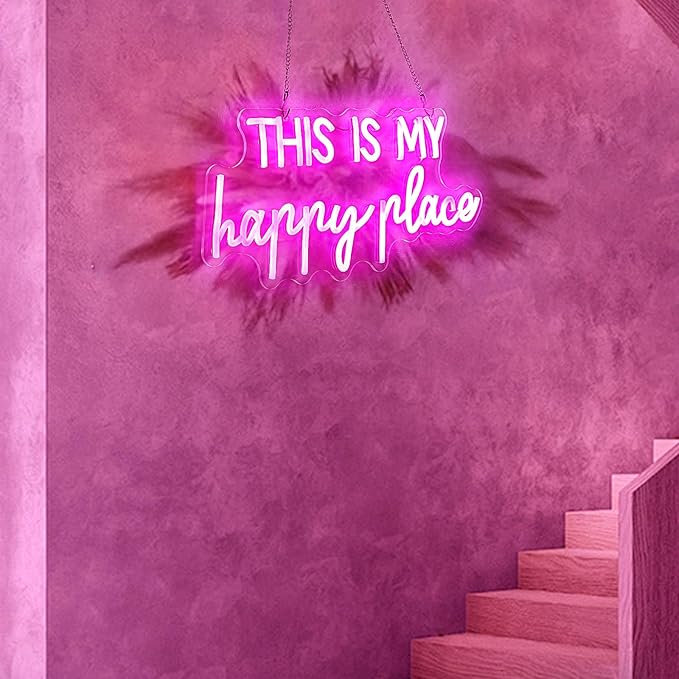 Neon Signs for Wall Decor - This Is My Happy Place Neon Signs for Teen Girls Bedroom Decor, Pink Led Neon Lights for Wall Decor, Nightstand Light, Dimmable Switch USB Power, Adhesive Hook Included