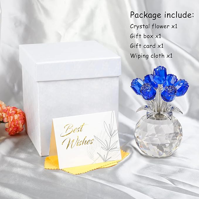 Blue Rose Flower Crystal Figurine with Vase, Bouquet Flowers Ornament Gifts for Wife Girlfriend Women , Handmade Crystal Flower Collectible Home Table Decor for Valentine's Day Wedding Anniversary