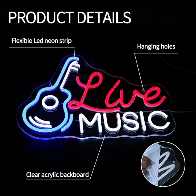 Live Music Neon Sign for Wall Decor - Dimmable LED Light for Studio, Guitar, Bar, Concert, Party, Man Cave - Room Decoration Gift
