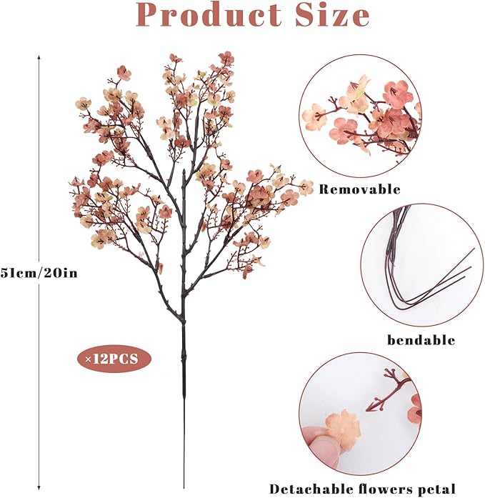 AILANDA 12PCS Babys Breath Artificial Flowers Fall Faux Gypsophila Bouquet Real Touch European Fake Silk Flowers Arrangements for Wedding Table Centerpiece Festival Vase Fall Decor (Dusty Pink+Khaki)