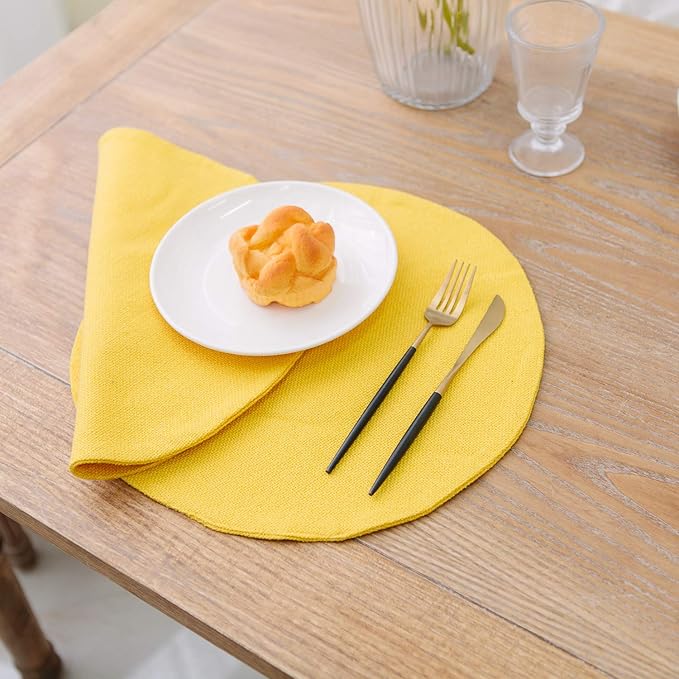 Set of 4 Handmade Round Placemat 15 Inch Soft Linen eco-Friendly Fabric Handcrafted Machine Washable Indoor & Outdoor Tablemat Yellow