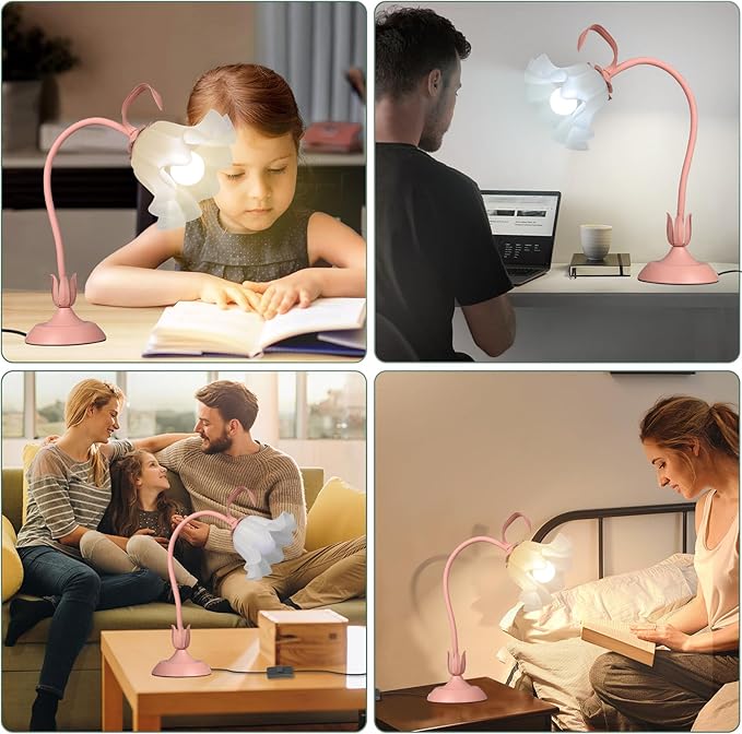 Flower Desk Lamp,LED Reading Light Bedside Vintage Flower Night Light,3 Colors Modes Cute Bedside Lamps Decor,Living Room Bedroom Room Kawaii Lighting Table Lamps Home Decoration (Pink)