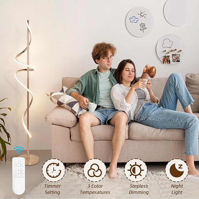 LED Floor Lamp for Living Room, 60 inches Spiral Floor Lamp with Remote Control, 48W, 3 Color Temperatures,Dimmable, for Bedroom, Office Gold