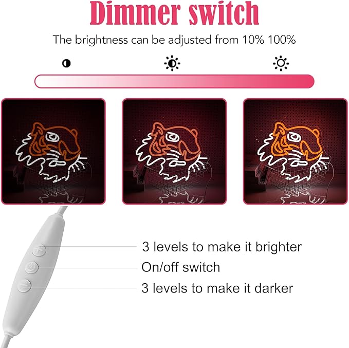 Tiger Neon Sign Dimmable LED Animal Signs for Wall Decor, USB Powered Cool Tiger Led Signs for Beer Bar Club Animal Birthday Party Office Hotel Cafe Man Cave Bedroom Art Wall Decor
