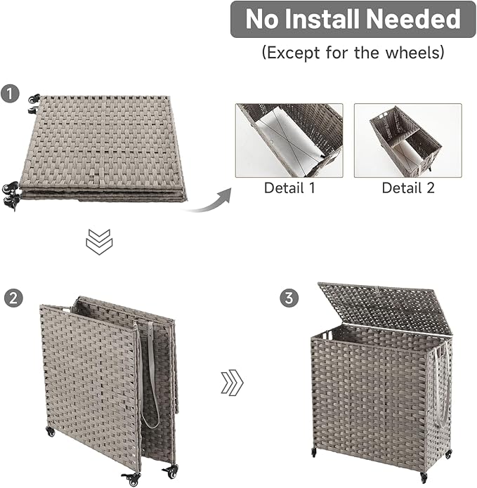 Laundry Hamper with Wheels, 39.6 Gallon(150L) Rolling Laundry Basket with Lid, 3-Section Rattan Clothes Hamper with 3 Removable Liner & 3 Mesh Bags, Laundry Sorter with Side Pocket, Grey