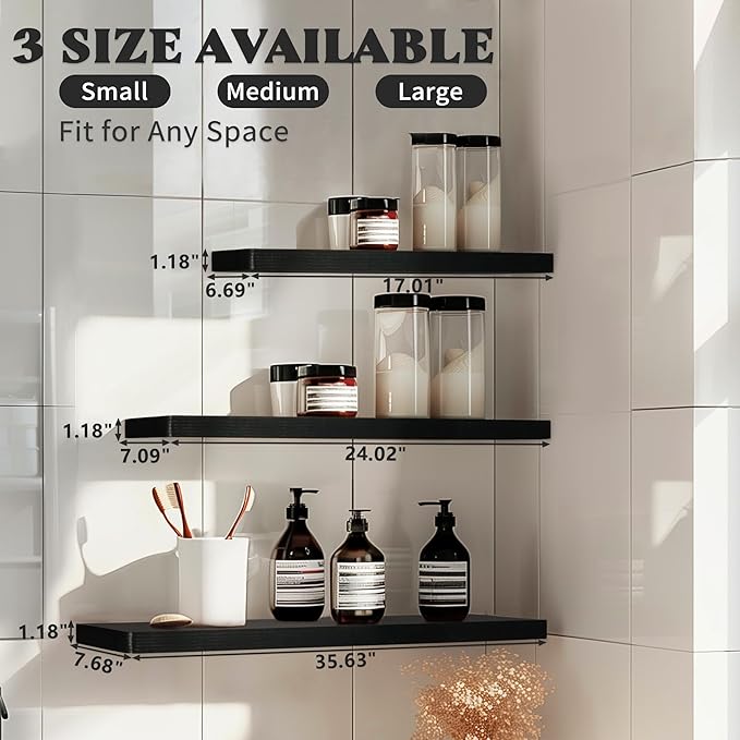 Floating Shelves for Wall, Wood Shelves with Invisible Brackets for Bathroom, Living Room, Bedroom and Kitchen, Long Wall Shelf for Books/Storage/Room Decor, 17 Inch, Set of 2, Black
