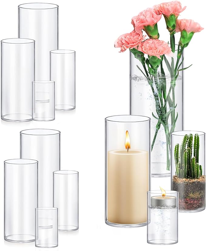 8 Pack Glass Cylinder Vases 4,6,8,10 Inch Tall Clear Flower Vase Hurricane Floating Candle Holder for Table Centerpiece Wedding Home Decor