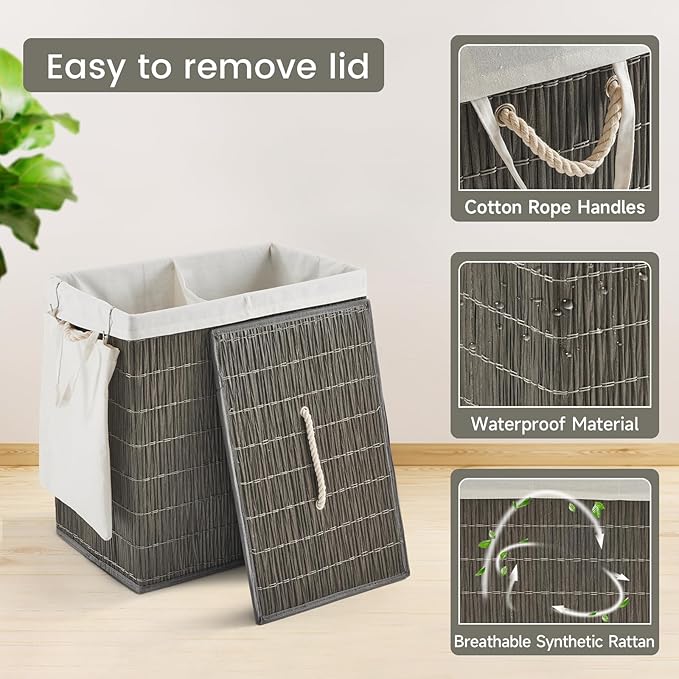 Laundry Hamper with Lid, 42.3 Gallon (160L), Handwoven Rattan Laundry Basket, 3-Section Clothes Hamper with Handles, 2 Removable Liner and Side Pocket, Grey