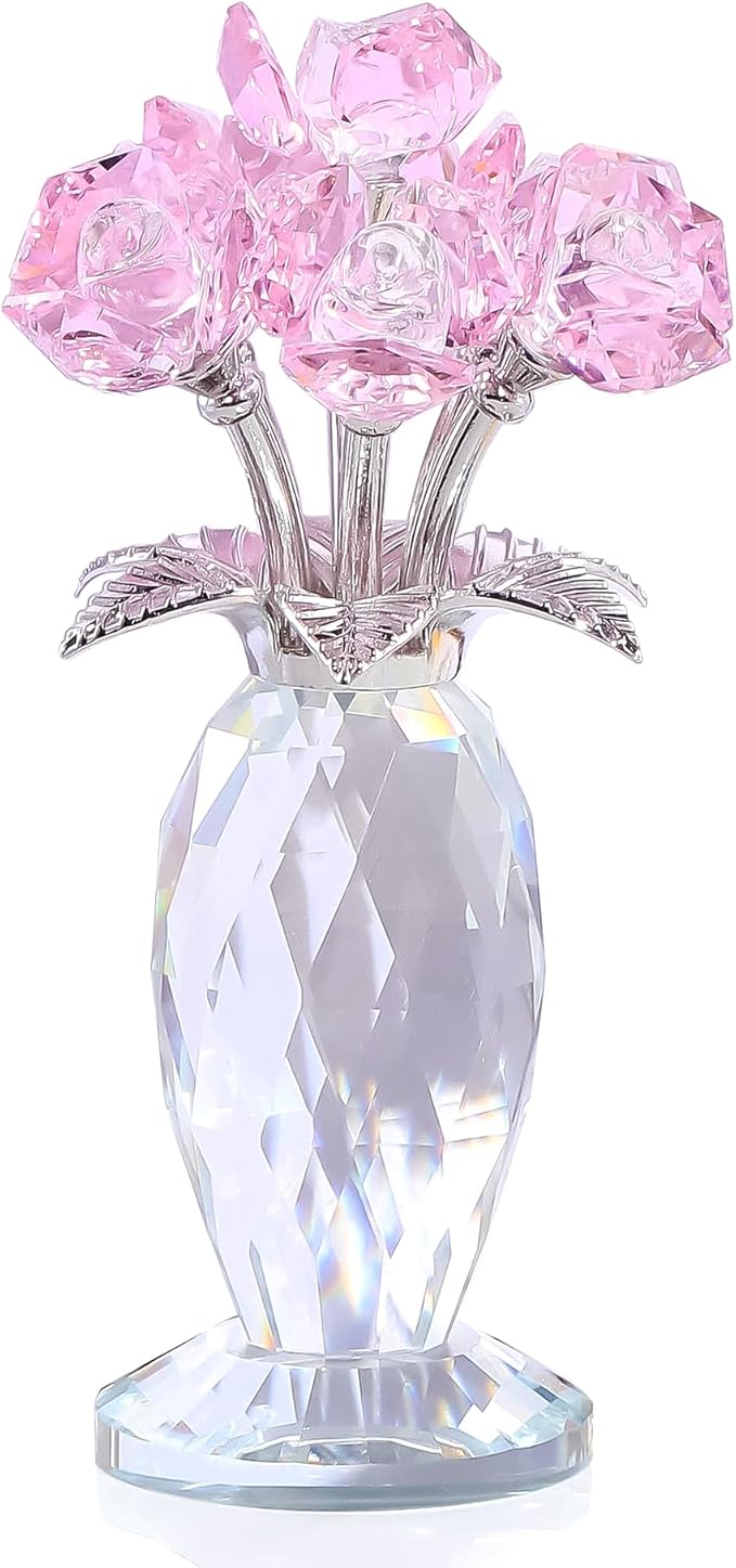 Crystal Pink Rose Bouquet Figurines Gifts for Women Romantic Flowers Ornament for Home Decor Anniversary Birthday Valentine's Day Presents for Girlfriend Wife Partner