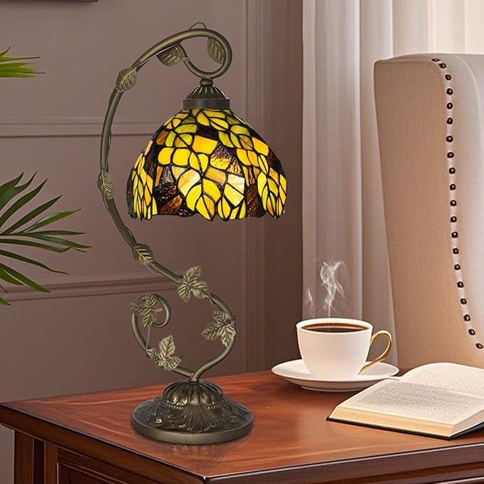 Tiffany Lamp,21x11x8 inches Stained Glass Lamp,Leaves Tiffany Style Table Lamp with Three-Color Dimming for Bedside Table,Dining Table,Antique Office