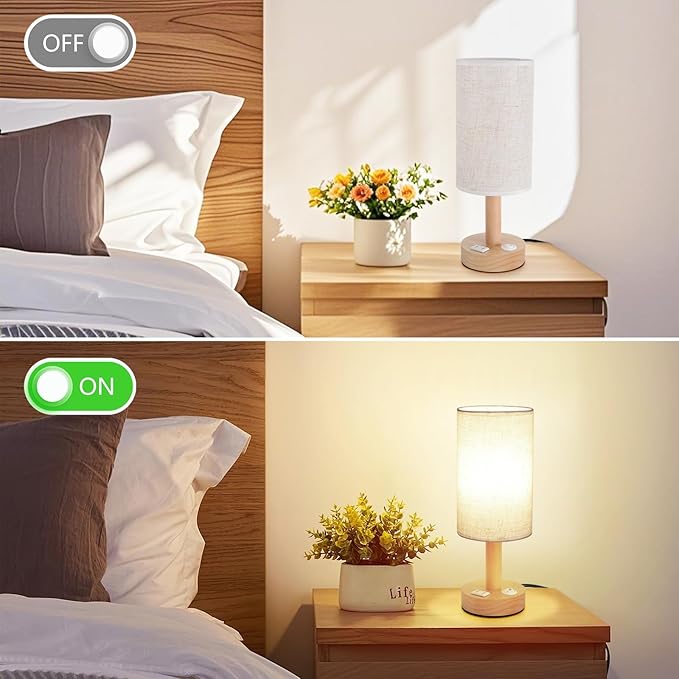 Small Bedside Table Lamp with AC Outlet, Natural Wood Base & Linen Shade, Mini Cute Cozy Warm White Nightstand Boho Lamp, Study Desk Night Stand Light for Bedroom, Kitchen, Nursery, Living Room