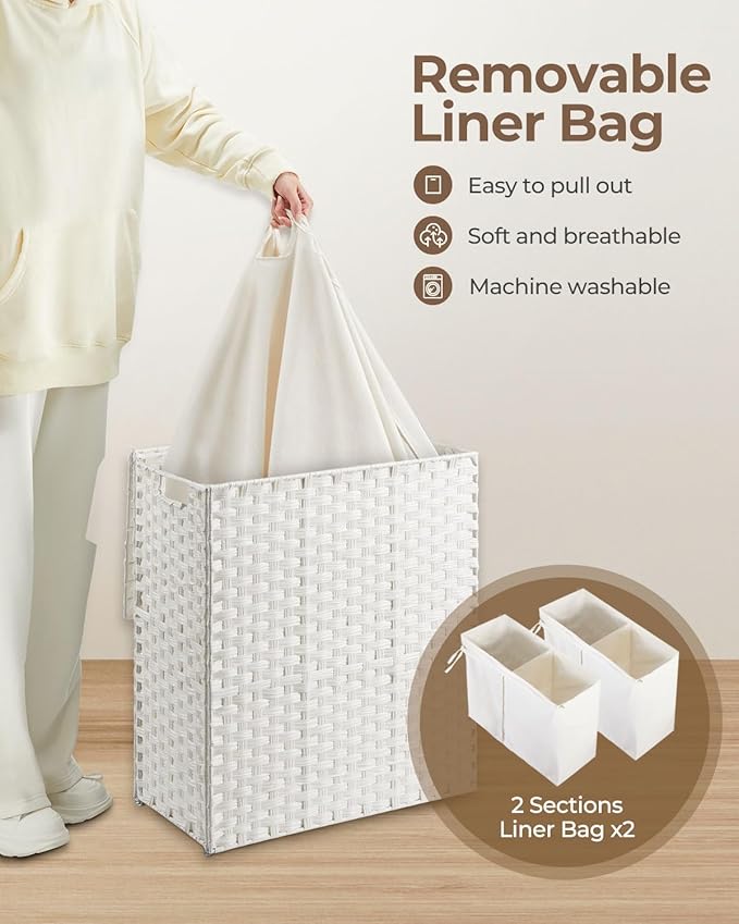 Greenstell Laundry Hamper with 2 Removable Liner Bags,90L Divided Clothes Hamper, Handwoven Synthetic Rattan Foldable Laundry Basket with Lid and Handles White (18.5 x 13.3 x 24.0Inches)