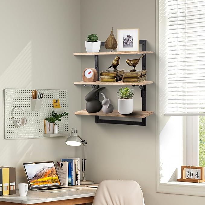 24-Inch Floating Shelves for Wall,3-Tier Wooden Wall Mounted Kitchen Shelves with Foldable Brackets,Hanging Wall Shelves for Living Room, Coffee Bar,Bedroom, Bathroom,Rustic Brown
