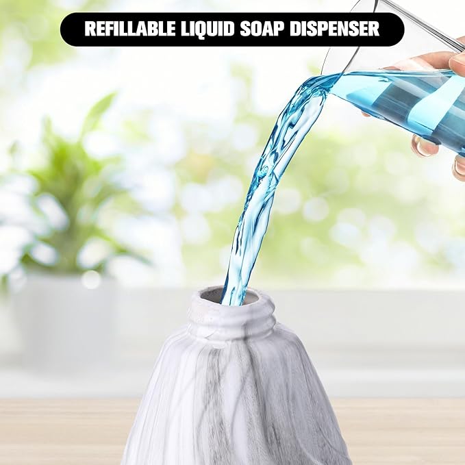 Ceramic Soap Dispenser and Soap Dish Set, Marbled Elegant Bathroom Decor with Non-Slip Base, Modern Hand Wash Bottle & Soap Tray for Bathroom Sink Countertop, Kitchen, Spa (White)