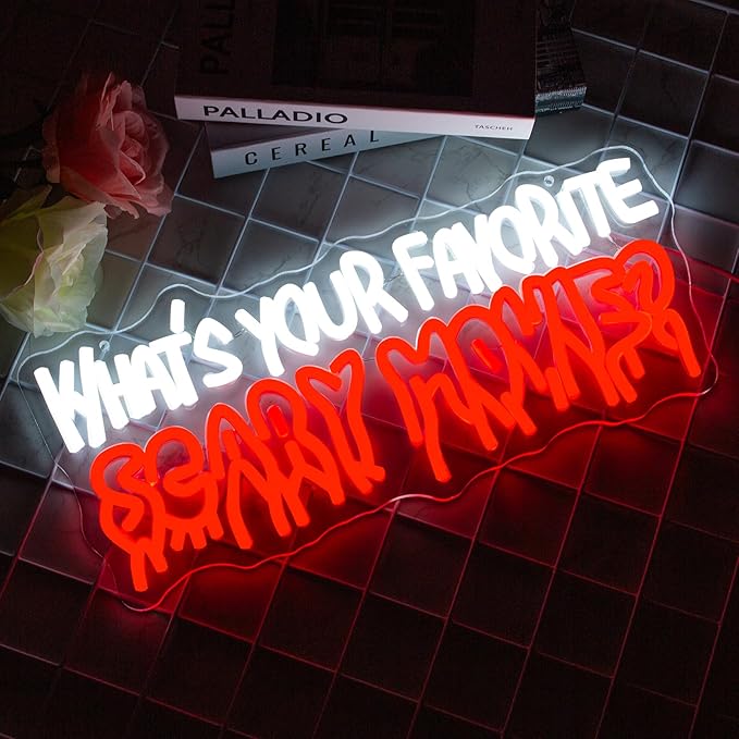 What's Your Favorate Scary Movie Neon Sign, Horror Movies Neon Signs For Wall Decor, Gothic Led Light Up Signs for Room Bar Man Cave Movie Night Party Halloween Decorations Gifts