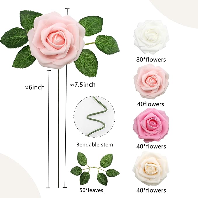 200PCS Pink Artificial Flowers Roses Real Looking Foam Fake Roses with Leaves for DIY Wedding Bouquets Bridal Shower Party Decorations (Pink Series, 200)