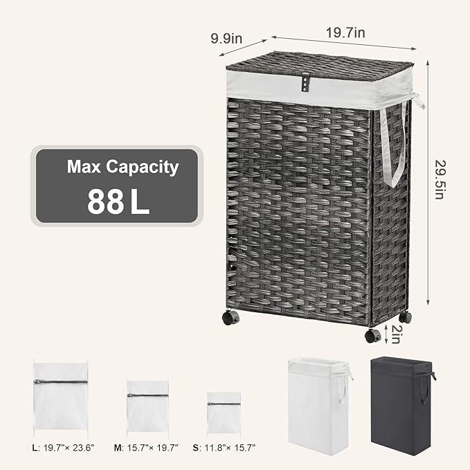 88L Slim Laundry Hamper with Wheels, 23.3 Gallon Rolling Laundry Basket with Lid, Tall and Narrow Laundry Hamper with 2 Removable Liner & 3 Mesh Laundry Bags, Laundry Sorter for Bathroom, Grey