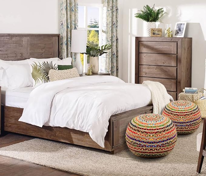 COTTON CRAFT Jute Chindi Pouf Ottoman – One of a Kind Jute Cotton Braided Moroccan Boho Kilim Foot Stool Bean Bag Accent Seating – Bedroom Dorm Kids Room Rustic Decorative Round Pouf – 18x14 - Multi