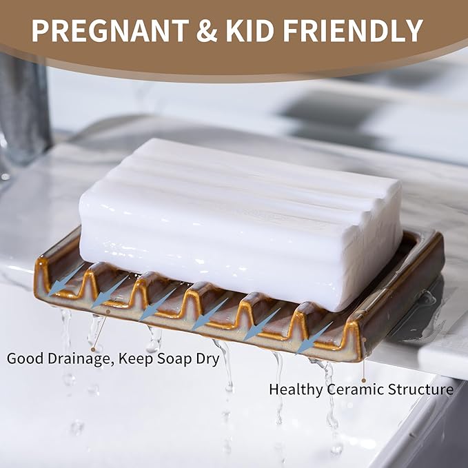 Self Draining Premium Brown Ceramic Waterfall Soap Dish, Bar and Shower Soap Holder Sponge Holder Soap Tray Savers for Bathroom, Shower, Kitchen, Sink and Countertop