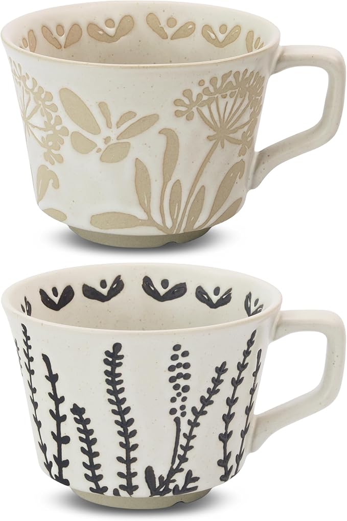 Ceramic Coffee Mug, 12 oz Novelty Unique Teacup with Large Handle, Stoneware Cup for Tea Mocha Latte Cappuccino Espresso (Set of 2, Butterfly and Grass)