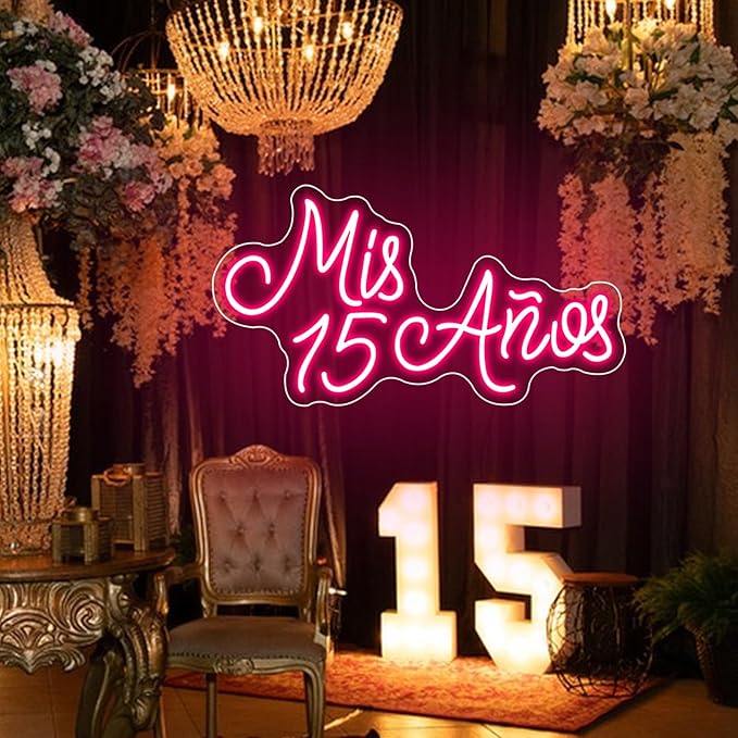 Mis 15 Años Neon Sign for Wall Decor, 15th Birthday Party Led Neon Light, USB Powered with Dimmer Switch Neon Lights for Mis Quince Party Decor,Sweet 15 Quinceanera Party Sign,Gifts for Lover